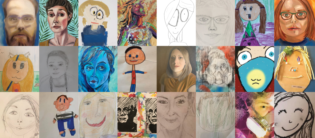 A collage of self portraits submitted to the Arts Council during a creative challenge during lockdown.